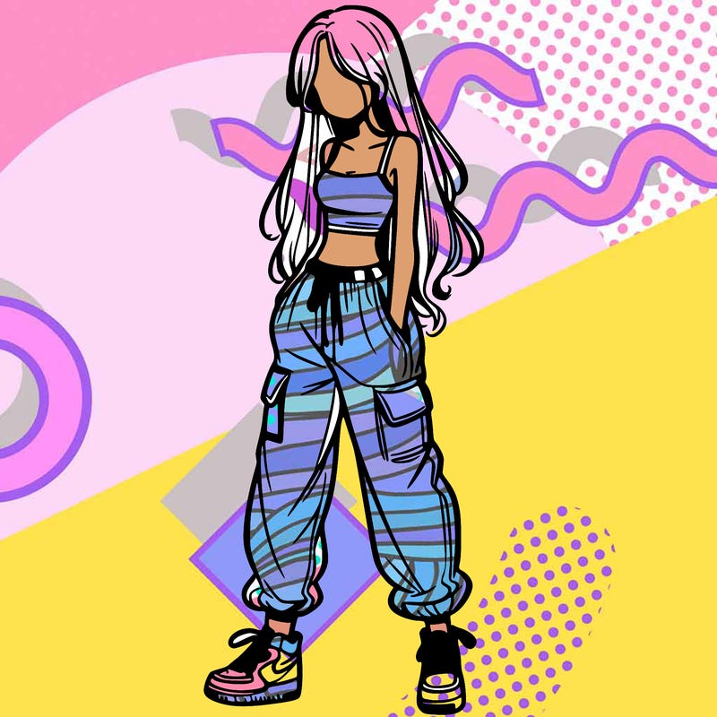 girl in baggy pants crop top and long hair