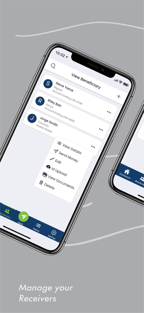 AfriPay mobile app interface for managing money transfer beneficiaries in Africa.
