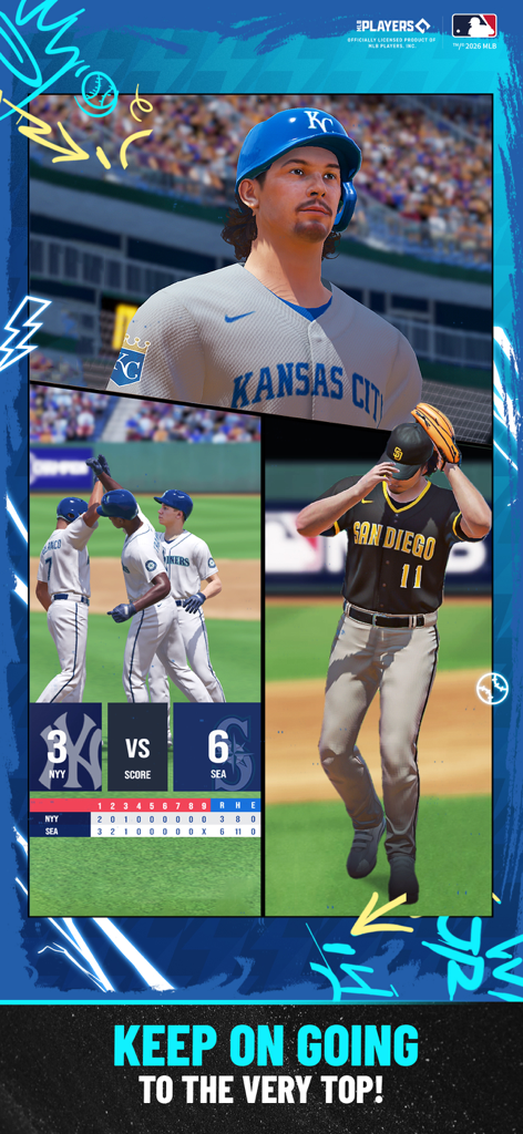 MLB Clutch Hit Baseball 26 - Montage of MLB Clutch Hit Baseball 26 gameplay showing realistic 3D player models and a match scoreboard
