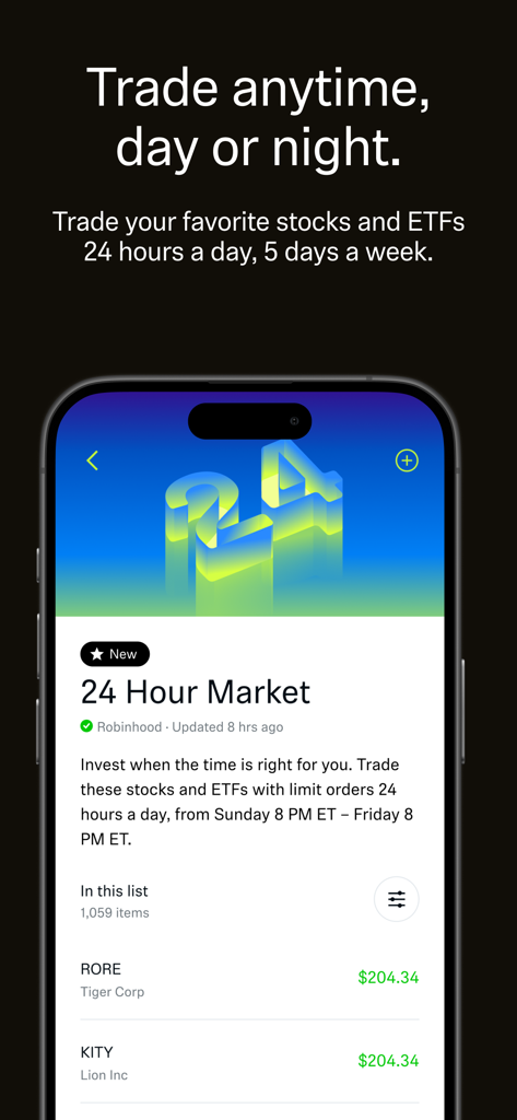 Robinhood app interface showing the 24 hour market trading feature