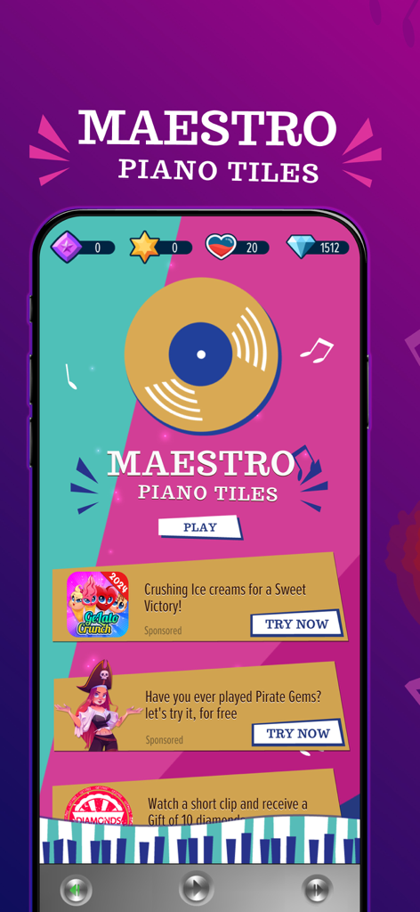 Maestro Piano Tiles: Premium - Startbildschirm-App von Maestro Piano Tiles Premium mit Wiedergabetaste und Vinyl-Schallplatten-Symbol