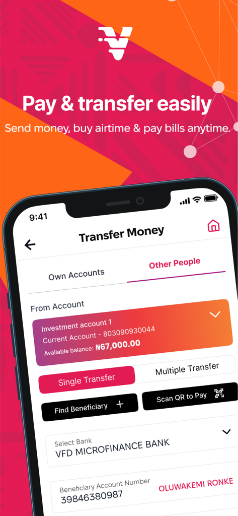 V by VFD - V by VFD mobile app interface for transferring money and paying bills with ease