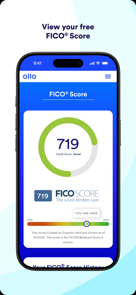 Smartphone screen showing the Ollo mobile app interface with a FICO score of 719.