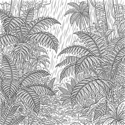 Journey back in time with this captivating coloring page featuring magnificent giant ferns amidst a prehistoric rainy jungle. Experience the tranquility of a downpour as you bring this lush, detailed scene to life with your favorite colors.