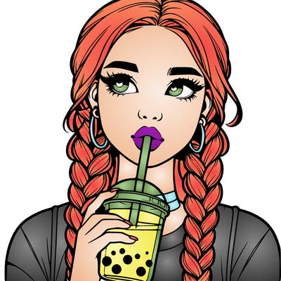 realistic girl with braided hair drinking boba