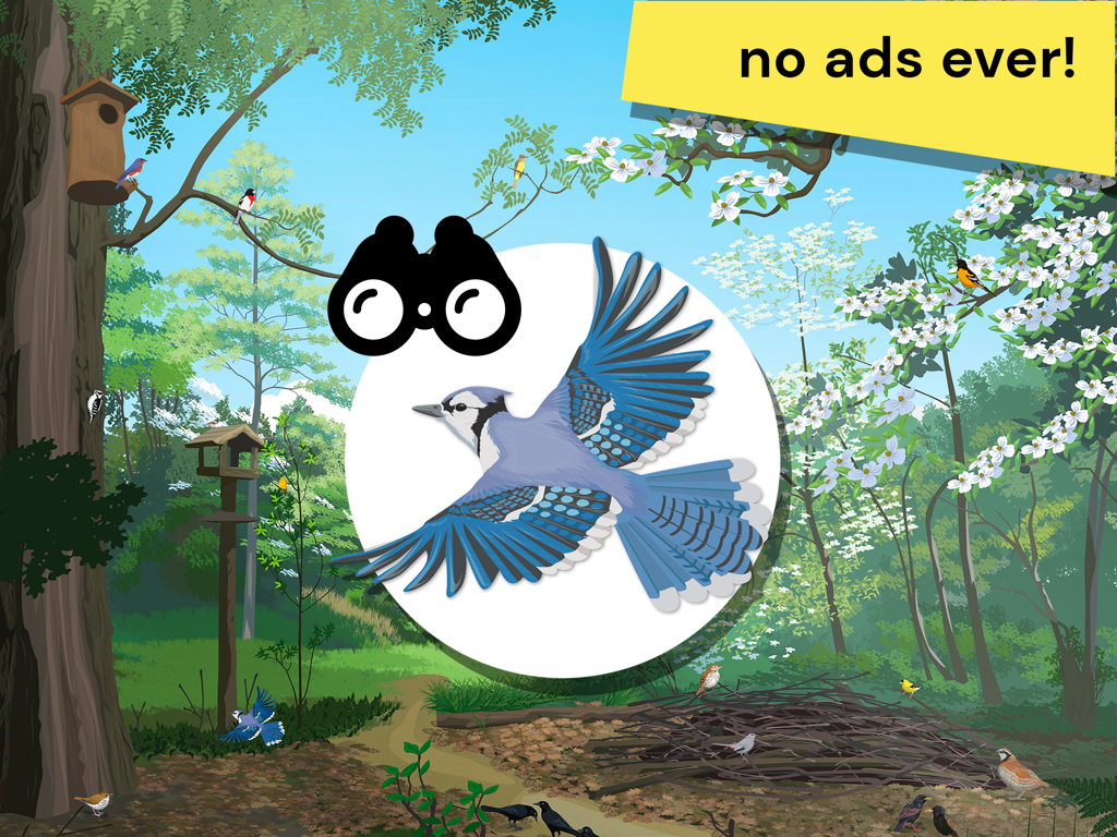 A blue jay flying through a forest in a birdwatching game with a no ads banner