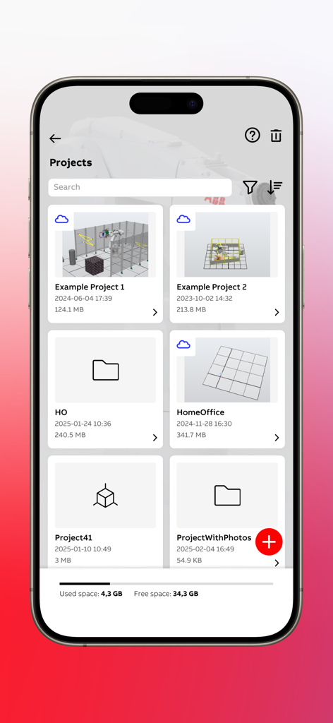 RobotStudio® AR Viewer - The projects management screen of the RobotStudio AR Viewer app showing a list of saved robotic simulation projects and available storage space.