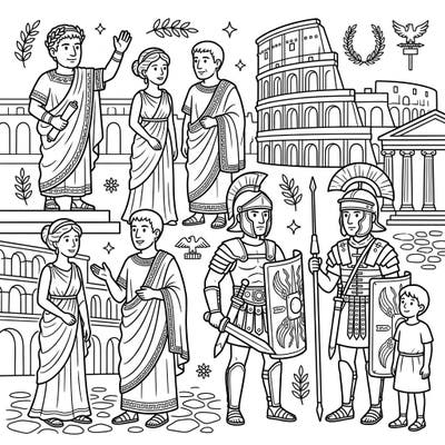 Step back in time with this engaging coloring page featuring the vibrant world of ancient Rome. Kids will love bringing emperors, brave gladiators, and everyday citizens to life with their favorite colors.