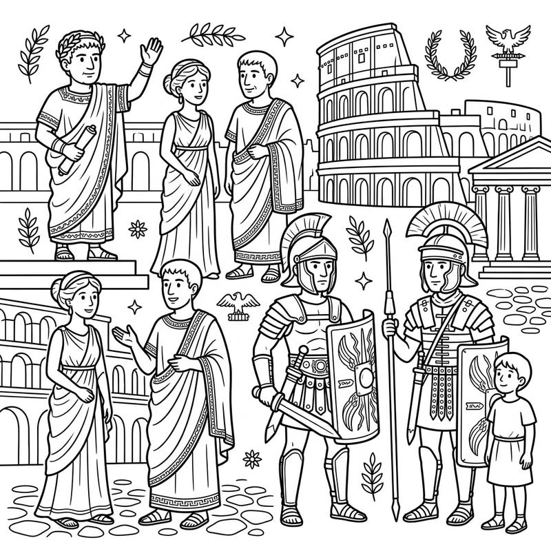 Step back in time with this engaging coloring page featuring the vibrant world of ancient Rome. Kids will love bringing emperors, brave gladiators, and everyday citizens to life with their favorite colors.