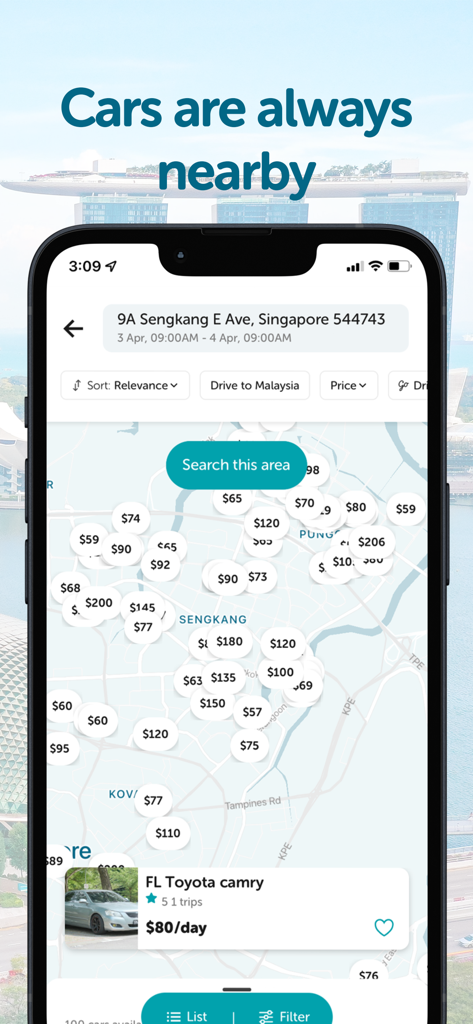 Drive lah - Interfaz de la aplicación móvil Drive lah que muestra ubicaciones y precios de alquiler de coches en un mapa.