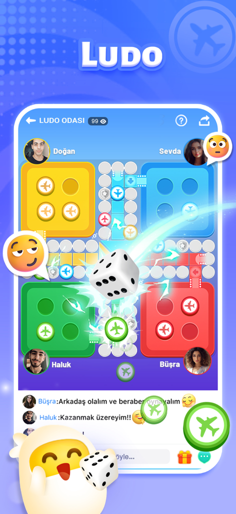 Una sesión de juego multijugador de Ludo en la aplicación TopTop con perfiles de usuario y una interfaz de chat en tiempo real.