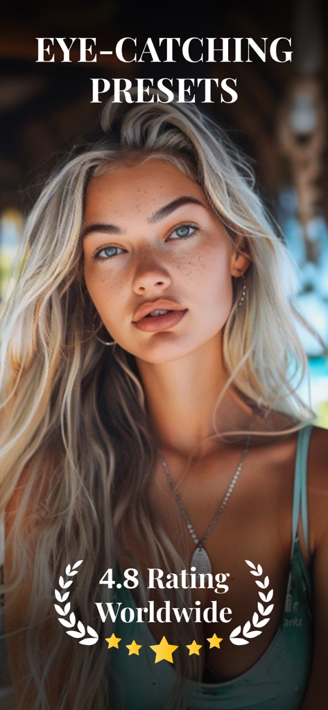 Edith: Presets for Lightroom - Eye catching presets for Lightroom by Edith app featuring a professional portrait and 4.8 worldwide rating