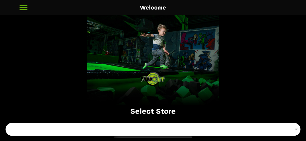 Flip Out UK App - Pantalla de bienvenida de la app Flip Out UK mostrando a un niño saltando en una piscina de espuma y un menú desplegable de tiendas seleccionadas