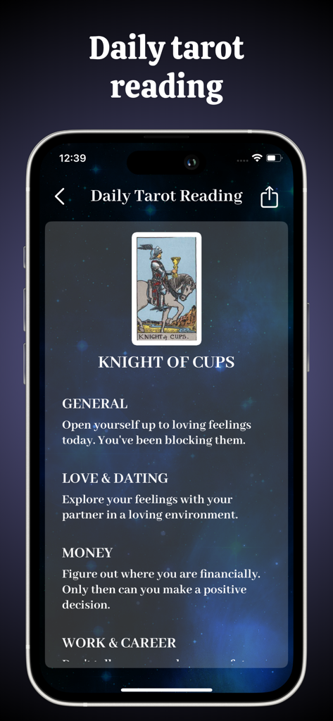 Tarot Card Reading: Yes or No - Interfaccia di lettura tarocchi giornaliera che mostra la carta del Cavaliere di Coppe e interpretazioni personalizzate per amore, denaro e carriera.