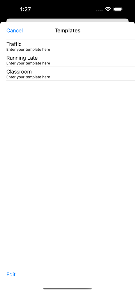 SMS touch - The message templates screen in the SMS touch app showing options like Traffic and Running Late