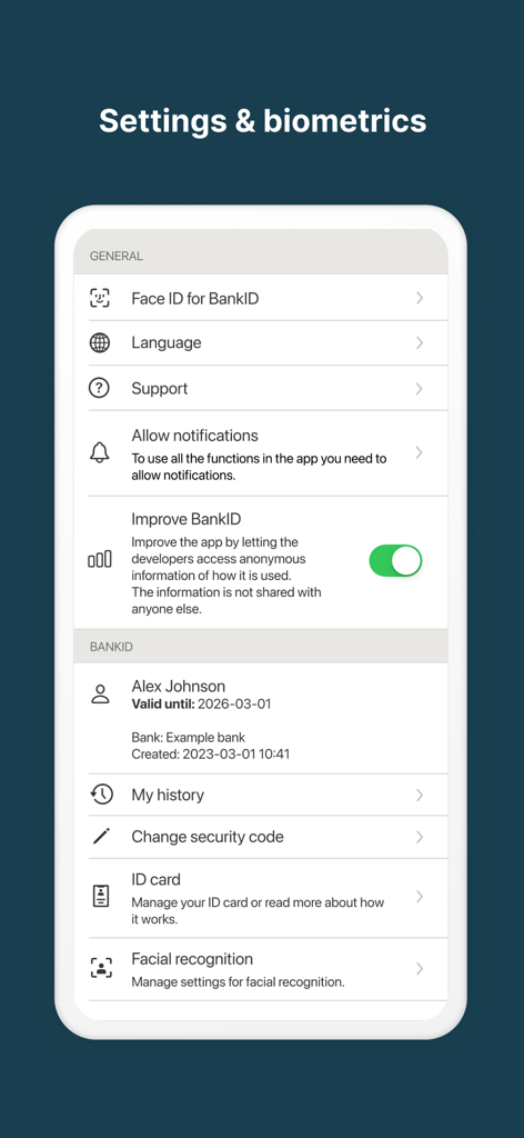 BankID Security App - La pantalla de configuración y biometría de la App de Seguridad BankID con Face ID y gestión de seguridad.