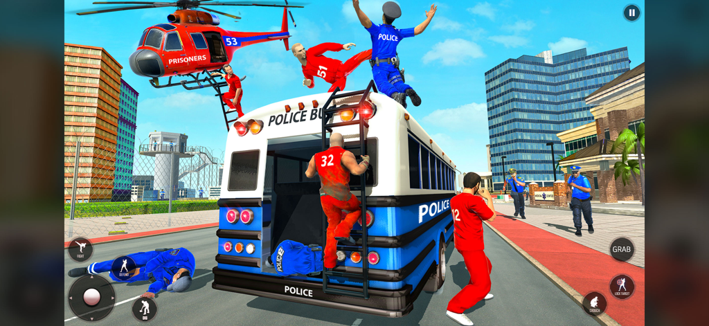 Cena de fuga de prisão cheia de ação com prisioneiros pulando de um ônibus policial e um helicóptero de resgate.