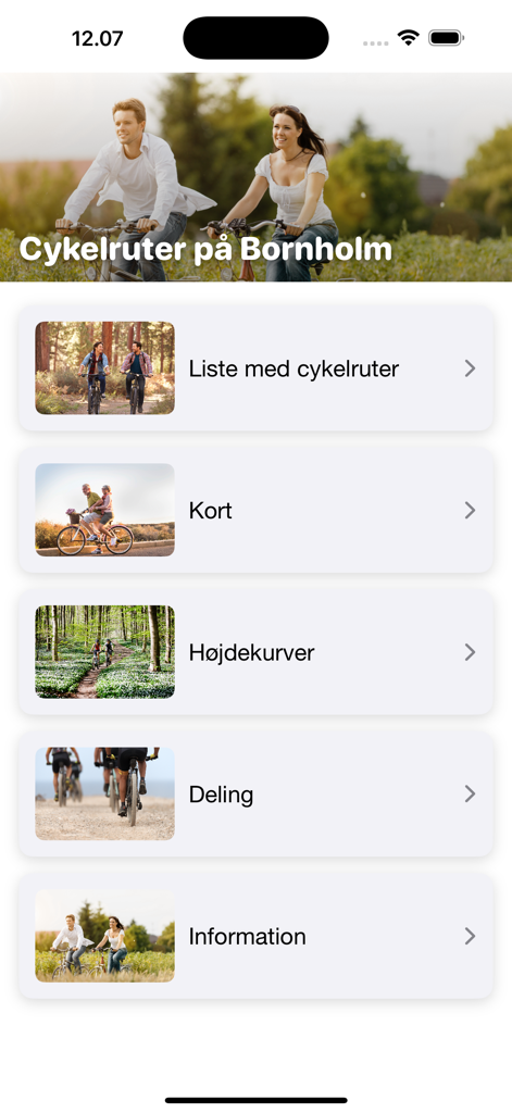 Bike Routes on Bornholm - Hauptmenü der Fahrradrouten-App Bornholm, das Navigationsoptionen für Radrouten und Karten anzeigt