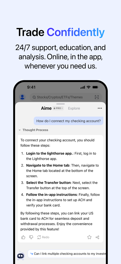 AInvest: AI Stock Investing - Interfaccia dell'app AInvest che mostra l'assistente AI Aime che fornisce una guida finanziaria passo passo.
