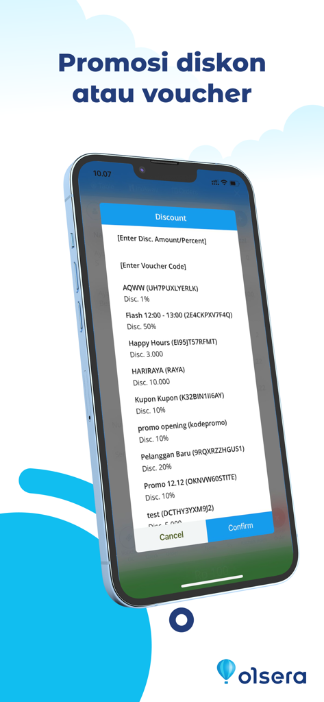 Olsera - Point Of Sale V2 - The Olsera POS app displaying a list of discounts and voucher options on a mobile device.