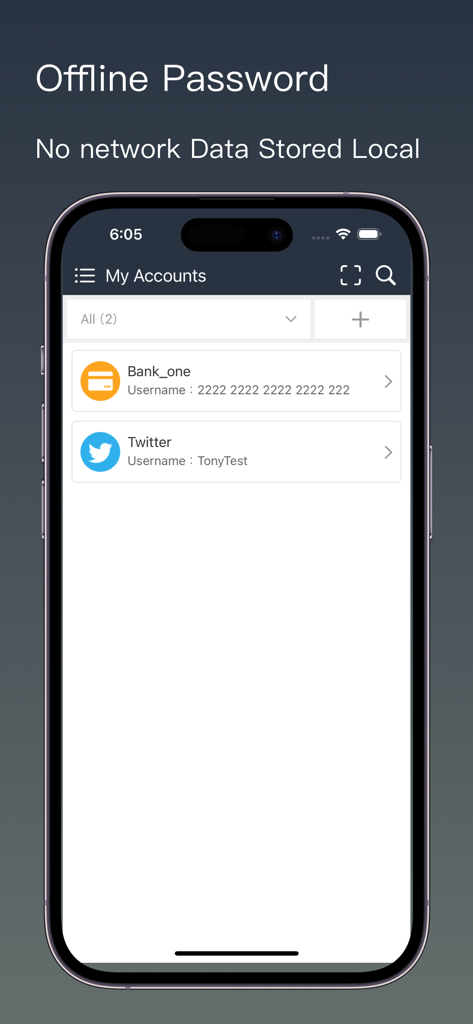 S Password Offline Account - S Password mobile app interface showing a list of saved accounts stored locally on an iPhone
