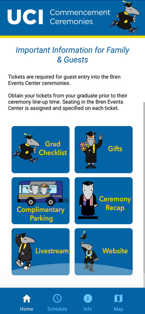 Home screen of the UC Irvine Commencement app showing guest information and event links