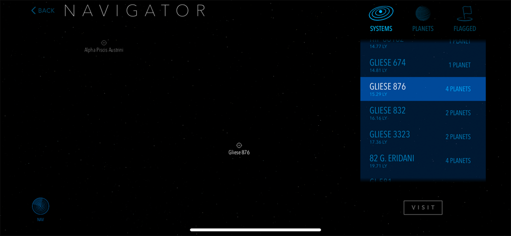 A screenshot of the Cosmic Atlas Navigator mode showing a list of star systems including Gliese 876 against a starry background.