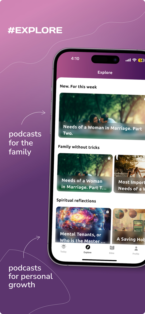 Adventist Devotional Readings app explore page featuring podcasts for family and spiritual growth