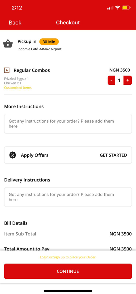 Indomie Cafe - Checkout screen of the Indomie Cafe app showing a regular combo order with pickup details and bill total
