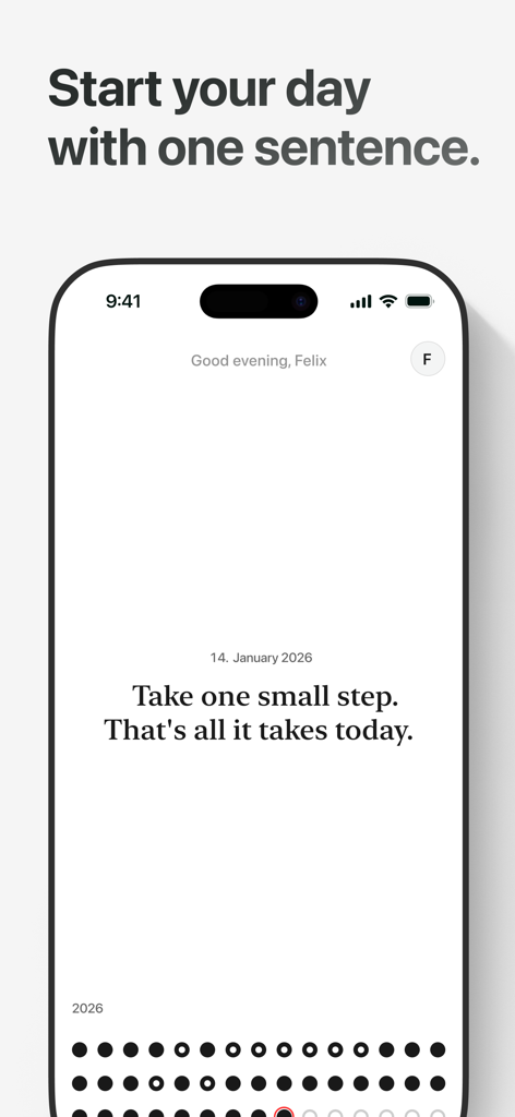 Still — Daily Sentence - Interfaz de usuario minimalista de la aplicación Still que presenta una frase de reflexión diaria sobre un fondo blanco limpio.