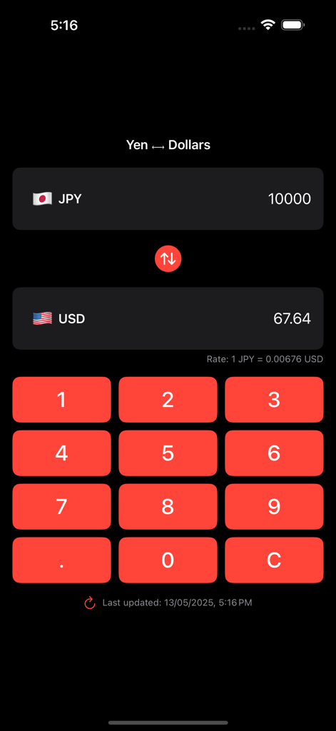 Yen to USD Conversion - Yen to USD currency converter screen with 10000 JPY to 67.64 USD conversion and a large red keypad