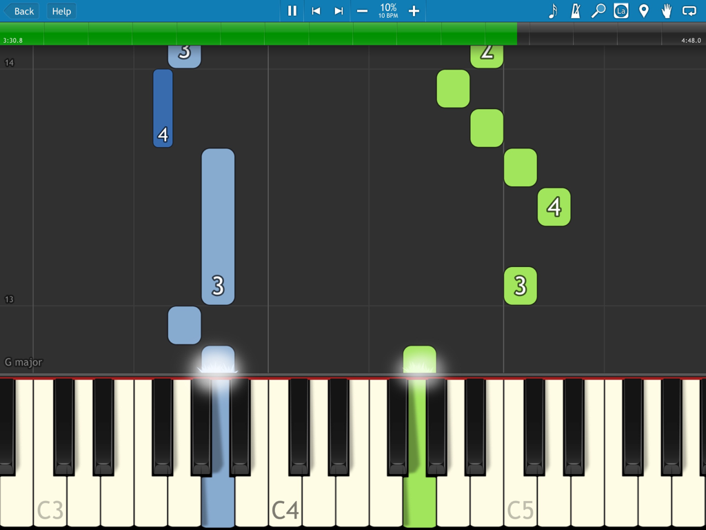 Synthesia app interface showing colored falling note blocks and finger hints on a piano keyboard