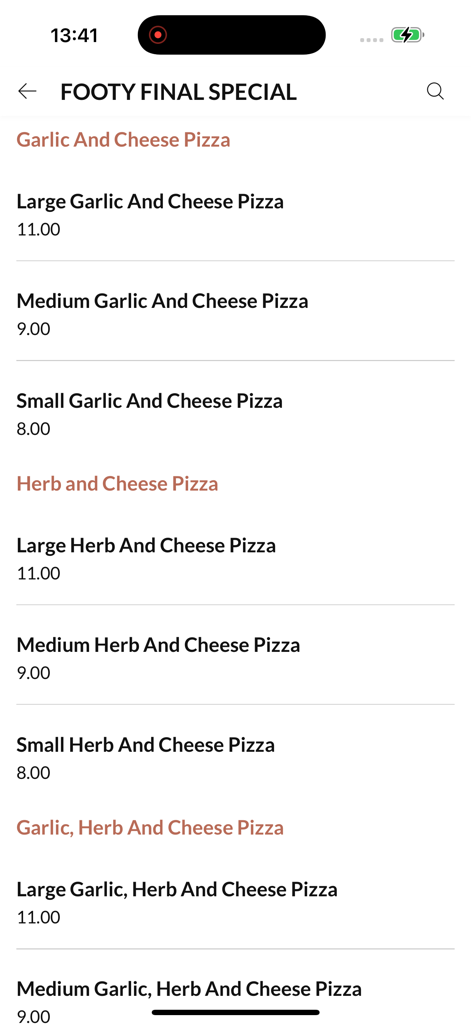 Seven Kings Cafe - Menu screen of the Seven Kings Cafe app showing various pizza options under the Footy Final Special section