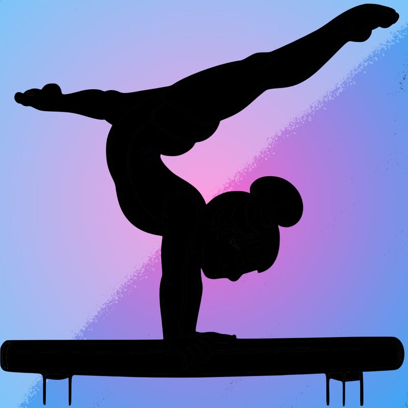 gymnast doing split handstand on a beam