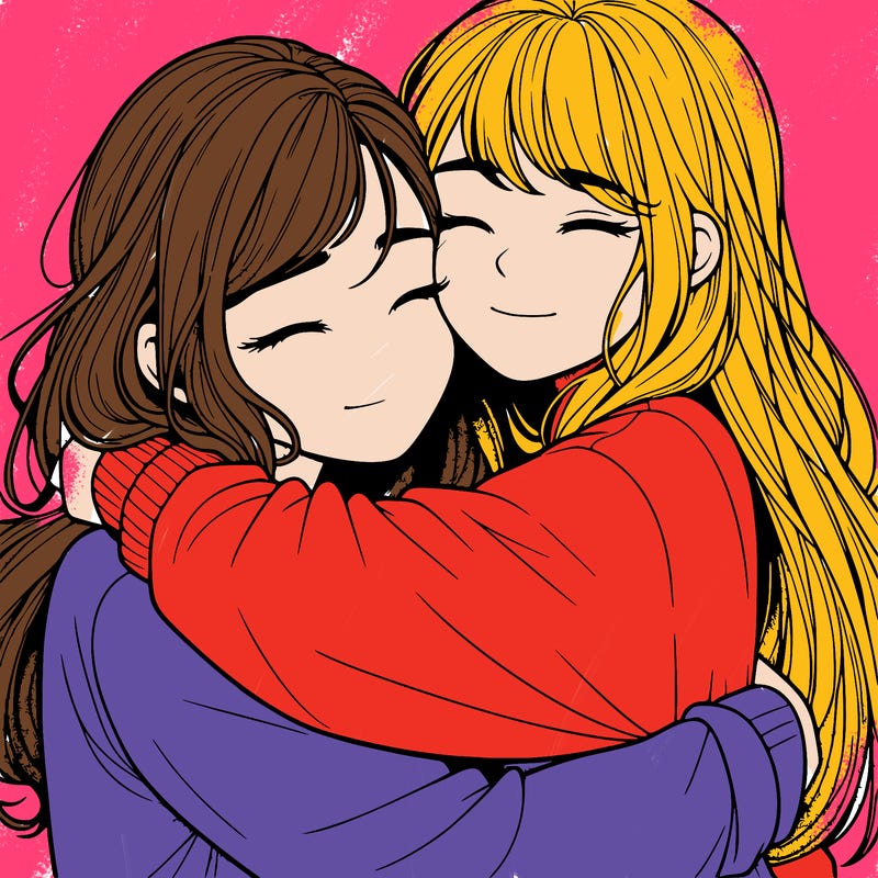 realistic two girls hugging