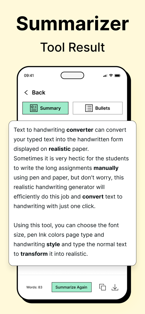 A mobile interface of the Grammar Check Ai app displaying a summarized text result with options for summary or bullet points.