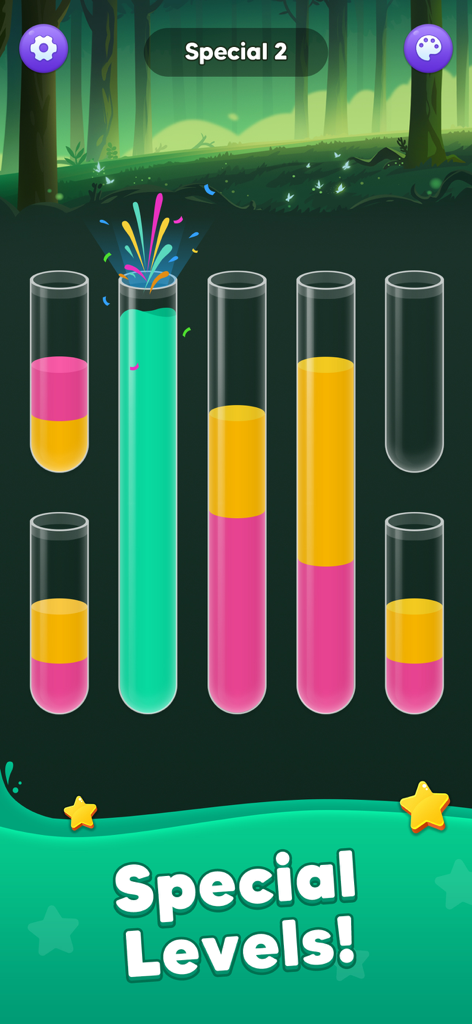 A screenshot of Water Sort Master mobile puzzle game showing colorful liquid in test tubes and special levels text