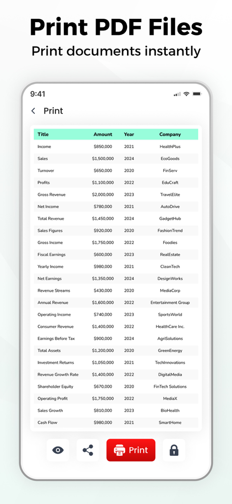 Uma interface móvel mostrando uma planilha financeira com um botão de impressão para converter dados do Excel para PDF.