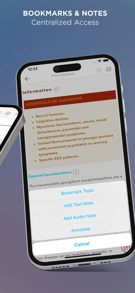 Interface of the CMDT 2025 medical app showing diagnostic information and a menu for adding bookmarks and notes.