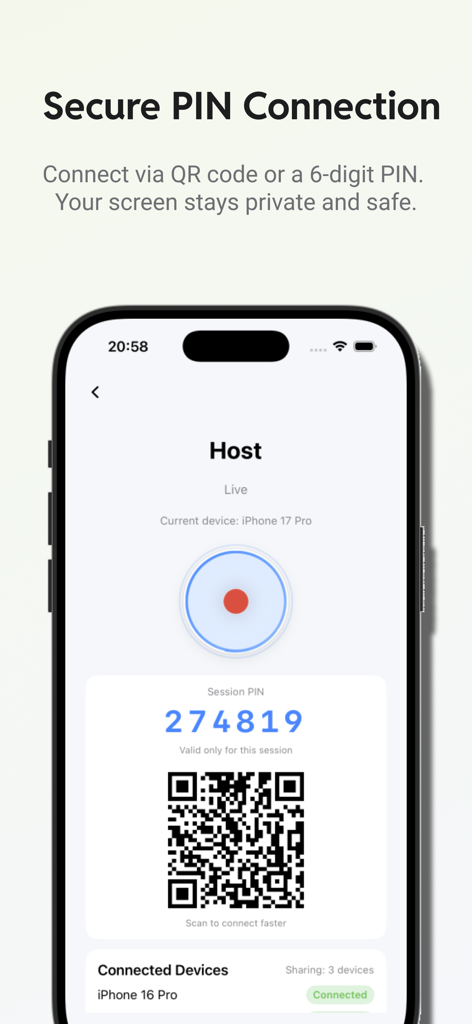CamScreen: Photo Monitor - CamScreenアプリのインターフェース。プライベートデバイス接続のための安全な6桁のPINとQRコードを表示