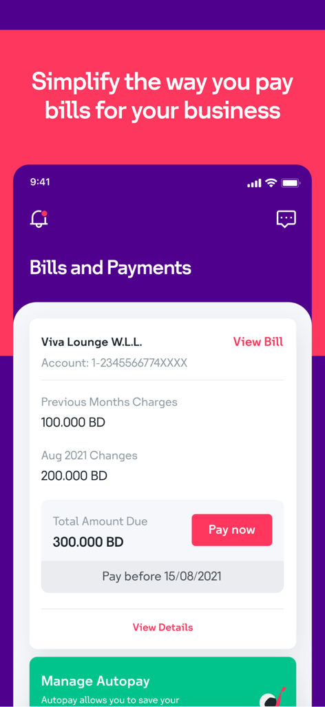 stc Business BH - Screenshot of the stc Business BH app showing a business bill and pay now option