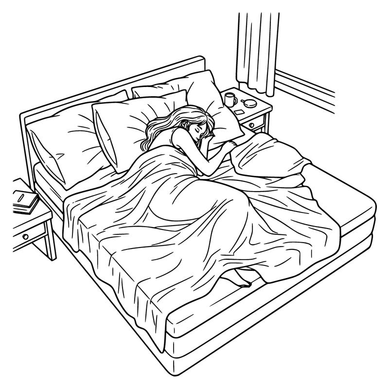 a top view of a girl asleep in bed with the messy blanket and pillows everywhere