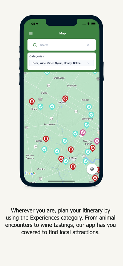 Farm Fresh Finder - A map view in the Farm Fresh Finder app showing various local food and experience locations