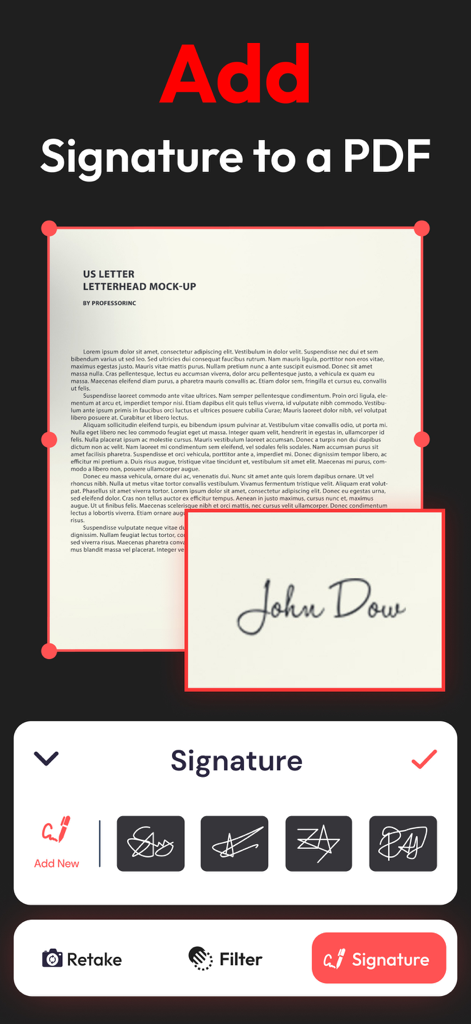 ユーザーインターフェース。PDFドキュメントにデジタル署名を追加する方法が表示されています。