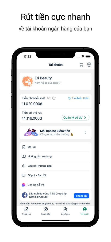 TTS Dropship - Bán hàng online - TTS Dropship app account dashboard showing earnings balance and withdrawal features