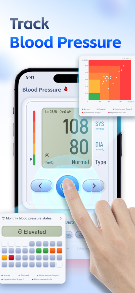 Interfaz del iPhone mostrando la medición de la presión arterial y tendencias de salud mensuales