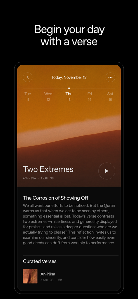 Behold: Experience Islam - Pantalla de reflexión de versículo diario del Corán en la aplicación de atención plena islámica Behold.