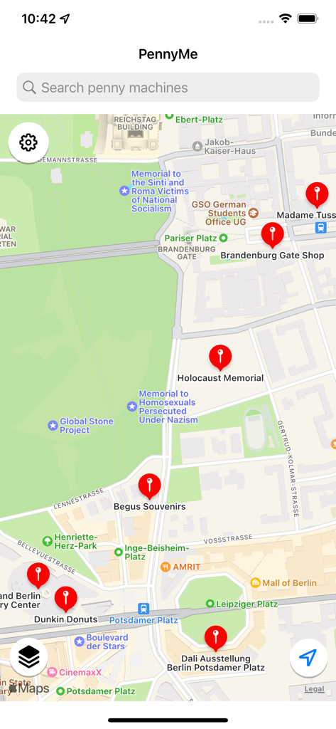 PennyLocator - PennyMe app map interface showing red pin markers for pressed penny machines in Berlin