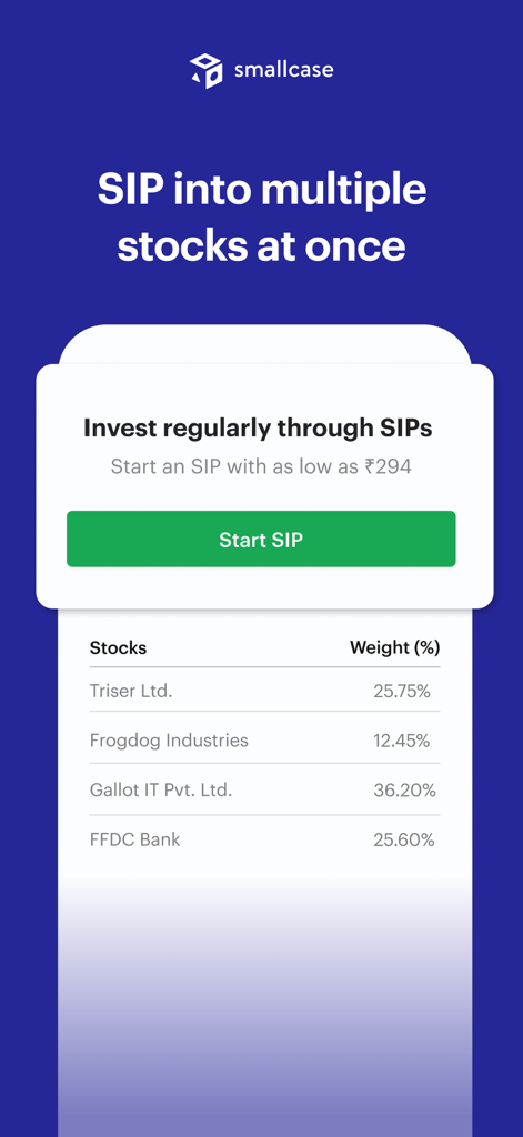 Interface of the smallcase app showing the option to start a systematic investment plan for a basket of multiple stocks