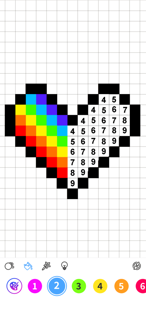 A pixel art rainbow heart being colored by numbers in the No Draw app interface